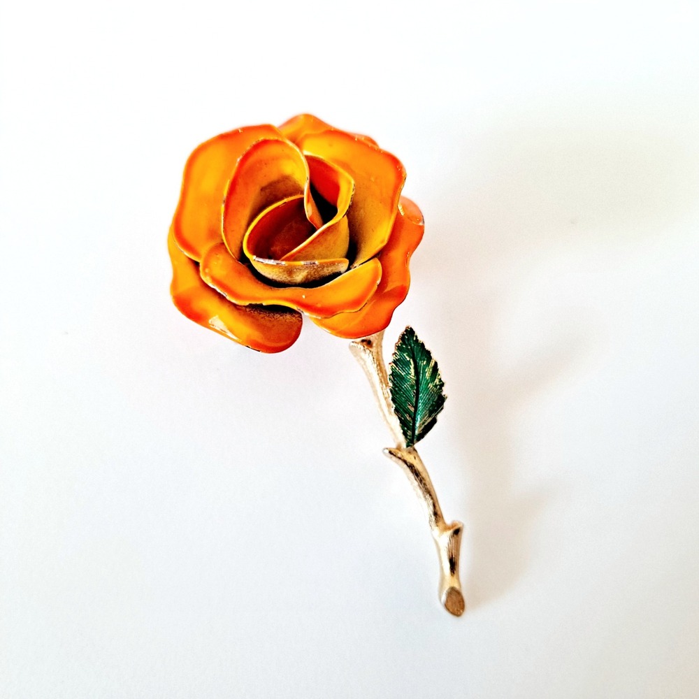 Vintage Rose Brooch Gold Tone Orange Enamel Floral Pin Mid Century Modern Style